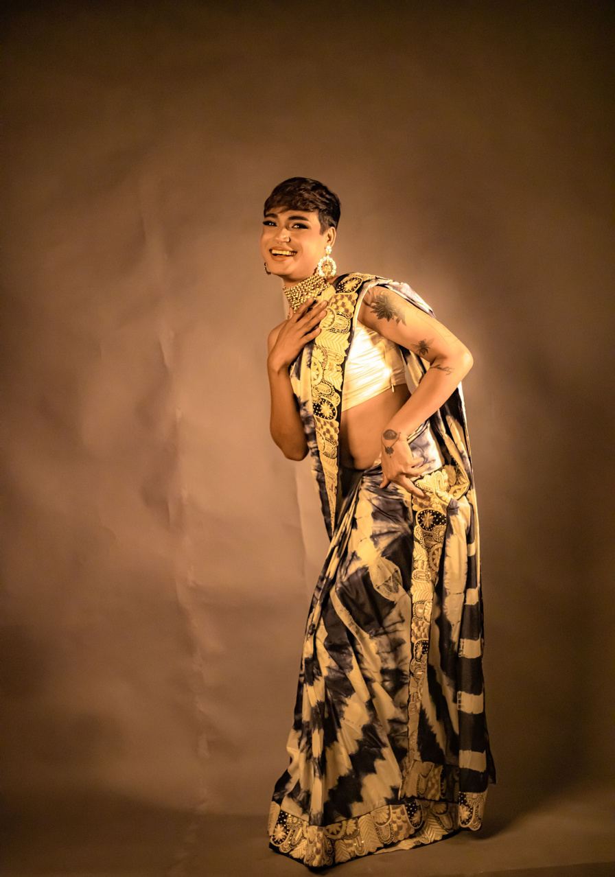 Queer Man in Saree with Traditional Indian Jewelry